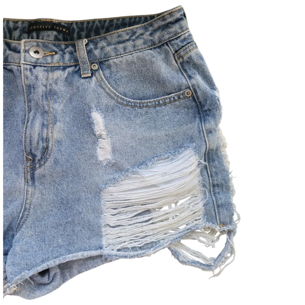 Brooklyn Karma High Rise Shorty Distressed Denim Shorts L Festival Cutoff